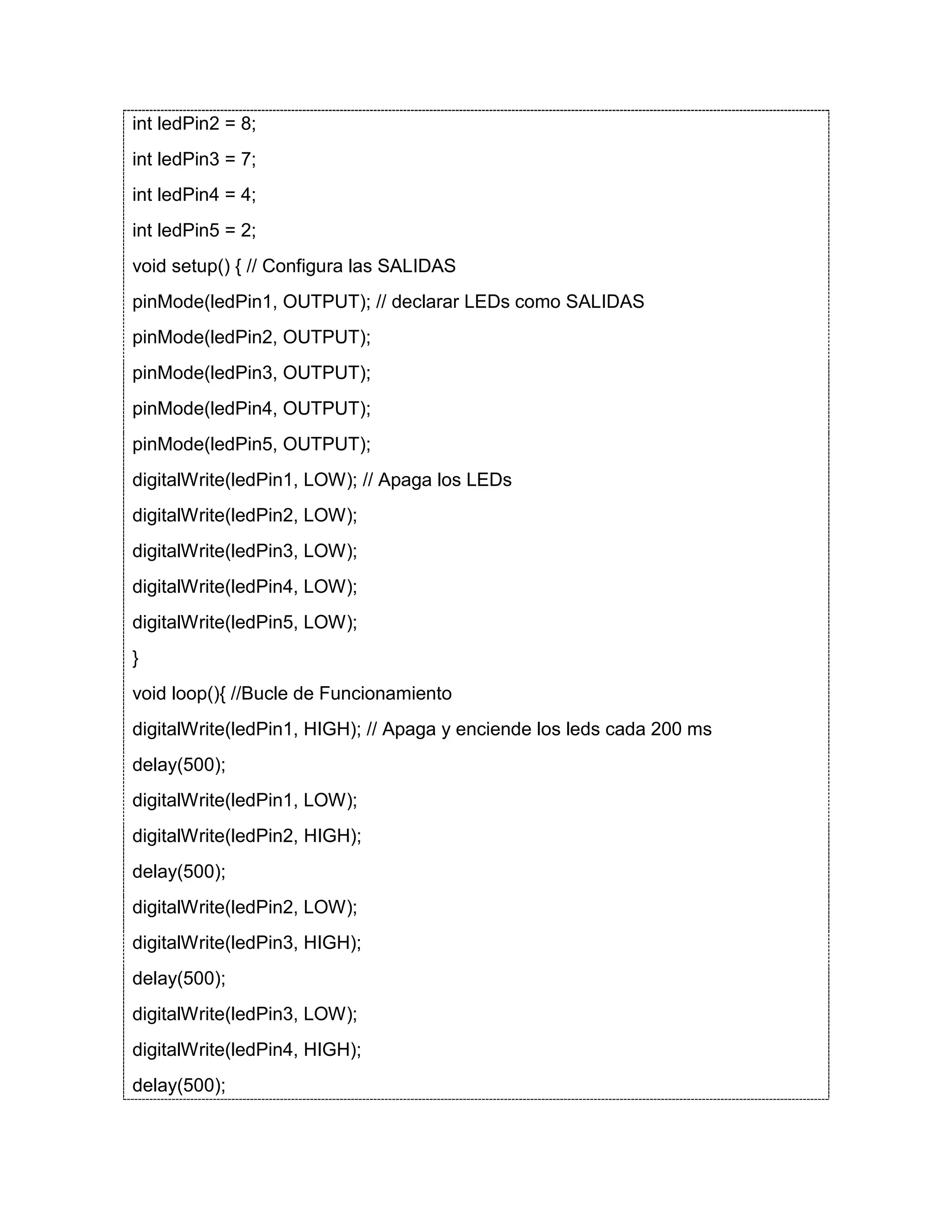 int ledPin2 = 8; int ledPin3 = 7; int ledPin4 = 4; int ledPin5 = 2; void setup() { // Configura las SALIDAS pinMode(ledPin1, OUTPUT); // declarar LEDs como SALIDAS pinMode(ledPin2, OUTPUT); pinMode(ledPin3, OUTPUT); pinMode(ledPin4, OUTPUT); pinMode(ledPin5, OUTPUT); digitalWrite(ledPin1, LOW); // Apaga los LEDs digitalWrite(ledPin2, LOW); digitalWrite(ledPin3, LOW); digitalWrite(ledPin4, LOW); digitalWrite(ledPin5, LOW); } void loop(){ //Bucle de Funcionamiento digitalWrite(ledPin1, HIGH); // Apaga y enciende los leds cada 200 ms delay(500); digitalWrite(ledPin1, LOW); digitalWrite(ledPin2, HIGH); delay(500); digitalWrite(ledPin2, LOW); digitalWrite(ledPin3, HIGH); delay(500); digitalWrite(ledPin3, LOW); digitalWrite(ledPin4, HIGH); delay(500); 