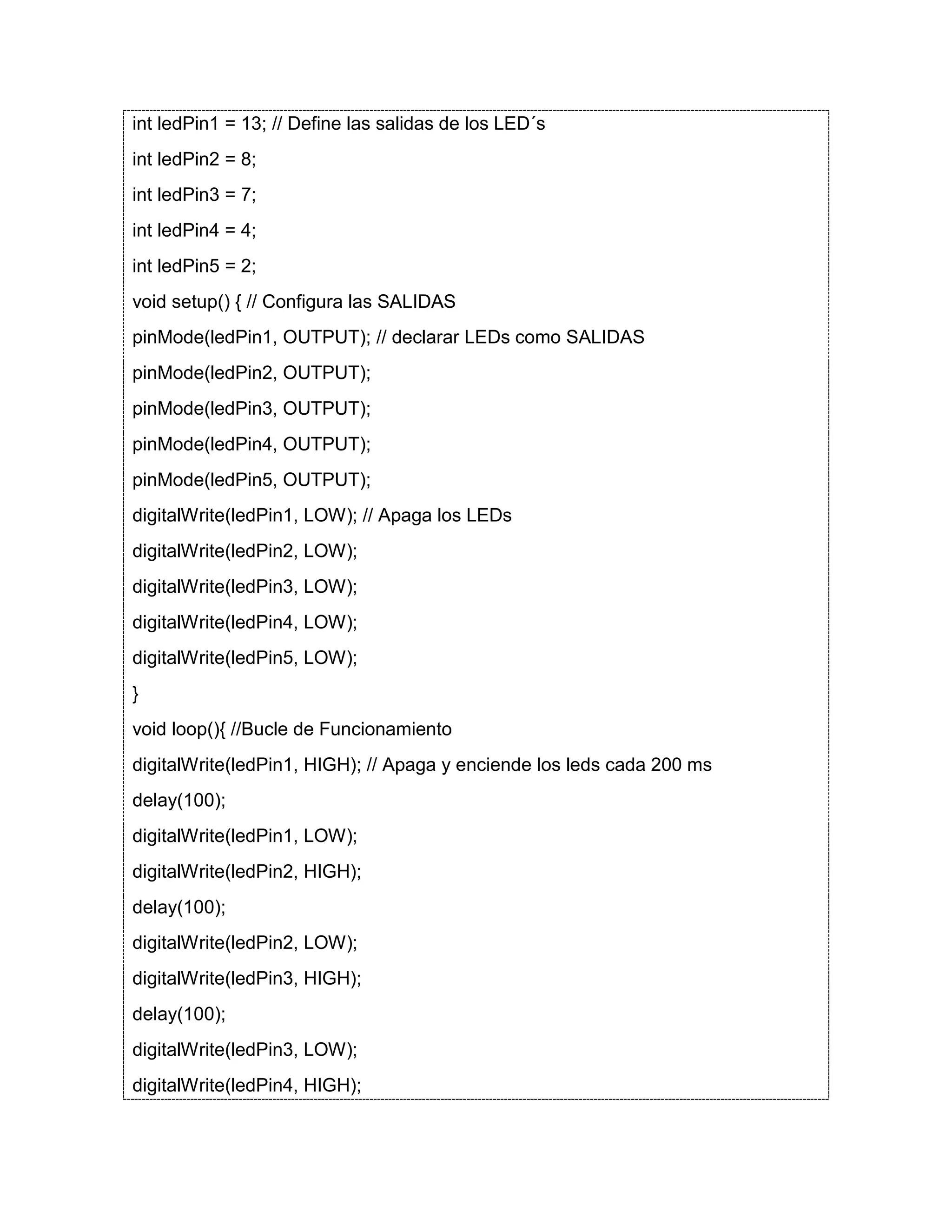 int ledPin1 = 13; // Define las salidas de los LED´s int ledPin2 = 8; int ledPin3 = 7; int ledPin4 = 4; int ledPin5 = 2; void setup() { // Configura las SALIDAS pinMode(ledPin1, OUTPUT); // declarar LEDs como SALIDAS pinMode(ledPin2, OUTPUT); pinMode(ledPin3, OUTPUT); pinMode(ledPin4, OUTPUT); pinMode(ledPin5, OUTPUT); digitalWrite(ledPin1, LOW); // Apaga los LEDs digitalWrite(ledPin2, LOW); digitalWrite(ledPin3, LOW); digitalWrite(ledPin4, LOW); digitalWrite(ledPin5, LOW); } void loop(){ //Bucle de Funcionamiento digitalWrite(ledPin1, HIGH); // Apaga y enciende los leds cada 200 ms delay(100); digitalWrite(ledPin1, LOW); digitalWrite(ledPin2, HIGH); delay(100); digitalWrite(ledPin2, LOW); digitalWrite(ledPin3, HIGH); delay(100); digitalWrite(ledPin3, LOW); digitalWrite(ledPin4, HIGH); 