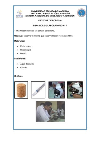 UNIVERSIDAD TÉCNICA DE MACHALA
DIRECCIÓN DE NIVELACIÓN Y ADMISIÓN
SISTEMA NACIONAL DE NIVELACIÓN Y ADMISIÓN
CATEDRA DE BOLOGIA
PRACTICA DE LABORATORIO Nº 7
Tema:Observación de las células del corcho.
Objetivo: observar lo mismo que observo Robert Hooke en 1665.
Materiales:
Porta objeto
Microscopio
Bisturí.
Sustancias:
Agua destilada.
Corcho.

Gráficos:

 