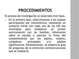 PROCEDIMIENTOS
El proceso de investigación se desarrollo tres fases.
1. En la primera fase, seleccionamos a los sujetos
participantes por conveniencia; realizamos un
contacto inicial con cada uno de los CDI dos
municipios para establecer un primer
acercamiento con las familias, informarles
sobre el estudio y solicitar la firma del
consentimiento por los padres, madres,
cuidadores principales y/o adultos
significativos. Paralelamente, se elaboró la guía
de preguntas de la entrevista semiestructurada
que se realizaría.
 
