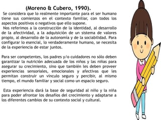 (Moreno & Cubero, 1990).
Se considera que lo realmente importante para el ser humano
tiene sus comienzos en el contexto familiar, con todos los
aspectos positivos o negativos que ello supone.
Nos referimos a la construcción de la identidad, al desarrollo
de la afectividad, a la adquisición de un sistema de valores
propio, al desarrollo de la autonomía y de la sociabilidad. Para
configurar lo esencial, lo verdaderamente humano, se necesita
de la experiencia de estar juntos.
Para ser competentes, los padres y/o cuidadores no sólo deben
garantizar la nutrición adecuada de los niños y las niñas para
asegurar su crecimiento, sino que también les deben proveer
experiencias sensoriales, emocionales y afectivas que les
permitan construir un vínculo seguro y percibir, al mismo
tiempo, el mundo familiar y social como un espacio seguro.
Esta experiencia dará la base de seguridad al niño y la niña
para poder afrontar los desafíos del crecimiento y adaptarse a
los diferentes cambios de su contexto social y cultural.
 