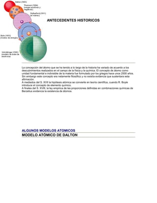 ANTECEDENTES HISTORICOS




La concepción del átomo que se ha tenido a lo largo de la historia ha variado de acuerdo a los
descubrimientos realizados en el campo de la física y la química. El concepto de átomo como
unidad fundamental e indivisible de la materia fue formulado por los griegos hace unos 2500 años.
Sin embargo este concepto era netamente filosófico y no existía evidencia que sustentara esta
afirmación.
A mediados del S. XVII la hipótesis atómica se convierte en teoría científica, cuando R. Boyle
introduce el concepto de elemento químico.
A finales del S. XVIII, la ley empirica de las proporciones definidas en combinaciones químicas de
Berzelius evidencia la existencia de átomos.




ALGUNOS MODELOS ATOMICOS
MODELO ATÓMICO DE DALTON
 