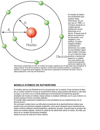 El modelo de Dalton
                                                                            era insuficiente para
                                                                            explicar estos
                                                                            fenómenos. Es por
                                                                            eso que en 1898, J.J
                                                                            Thomson propone un
                                                                            modelo para la
                                                                            distribución de los
                                                                            electrones en el
                                                                            átomo. Propuso que el
                                                                            átomo se componía
                                                                            de dos partes, una
                                                                            negativa y una
                                                                            positiva. La parte
                                                                            negativa estaba
                                                                            constituida por
                                                                            electrones, los cuales
                                                                            se encontraban según
                                                                            este modelo inmersos
                                                                            en una masa de carga
                                                                            positiva a manera de
                                                                            pasas en un pastel.
                                                                             Una nube positiva que
                                                                             contenía las pequeñas
                                                                             partículas negativas (los
electrones) suspendidos en ella. El número de cargas negativas era el adecuado para neutralizar la
carga positiva. Si el átomo perdía un electrón, la estructura quedaría positiva; y si ganaba un
electron, la carga final sería negativa. De esta forma, explicaba la formación de iones. Pero no
daba explicación a otro tipo de fenómenos.




MODELO ATÓMICO DE RUTHERFORD
El modelo atómico de Rutherford en la comprensión de la materia. Pues introduce la idea
de un núcleo central en el que se concentraría toda la carga positiva del átomo y casi toda
la masa, y en torno a el y a cierta distancia se encontrarían los electrones girando
alrededor del núcleo en órbitas. Estas orbitas no estaban definidas, por lo que el átomo no
tendría tampoco forma ni tamaño definido.
El modelo daba explicación satisfactoria a los resultados de sus experimentos con la
lámina de oro.
Sin embargo modelo tiene una dificultad proveniente de la electrodinámica clásica que
predice que una partícula cargada acelerada, como sería necesario para mantenerse en
órbita, emitiría radiación electromagnética, perdiendo energía. Cuando toda la energía del
átomo se hubiera radiado, vendría la caída de los electrones sobre el núcleo. Se trata, por
tanto de un modelo físicamente inestable,
desde el punto de vista de la física clásica.
 