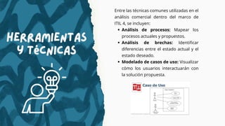 herramientas
y técnicas
Entre las técnicas comunes utilizadas en el
análisis comercial dentro del marco de
ITIL 4, se incluyen:
Análisis de procesos: Mapear los
procesos actuales y propuestos.
Análisis de brechas: Identificar
diferencias entre el estado actual y el
estado deseado.
Modelado de casos de uso: Visualizar
cómo los usuarios interactuarán con
la solución propuesta.
 