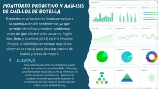 Monitoreo Proactivo y Análisis
de Cuellos de Botella
El monitoreo proactivo es fundamental para
la optimización del rendimiento, ya que
permite identificar y resolver problemas
antes de que afecten a los usuarios. Según
Kim, Behr y Spafford (2013) en The Phoenix
Project, la visibilidad en tiempo real de los
sistemas es crucial para detectar cuellos de
botella y áreas de mejora.
Una empresa de comercio electrónico puede
utilizar herramientas como New Relic o Datadog
para monitorear el uso de la CPU, la memoria y el
ancho de banda, identificando rápidamente
cualquier anomalía que podría degradar el
rendimiento del sitio durante eventos de alto
tráfico, como el Black Friday.
1 EJEMPLO
 