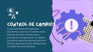 control de cambios
Es el procedimiento para gestionar,
documentar y autorizar los cambios en los
sistemas, servicios, infraestructura o
procesos de una organización. Su objetivo
principal es reducir las interrupciones en el
servicio y garantizar que las modificaciones
se realicen de manera eficiente.
 
