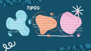 tipos:
Cambio estándar: Son
preautorizados,
repetitivos y de bajo
riesgo, por ejemplo,
una actualización
rutinaria de software.
Cambio normal: Requieren de
evaluación de riesgos,
aprobación formal y
planificación, por ejemplo, la
implementación de nuevas
funcionalidades.
Cambio de emergencia:
Deben implementarse
rápidamente para resolver
una interrupción crítica o
vulnerabilidad, y el proceso
de aprobación es acelerado.
 