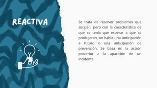 Reactiva Se trata de resolver problemas que
surgían, pero con la característica de
que se tenía que esperar a que se
produjeran, no había una anticipación
a futuro o una anticipación de
prevención. Se basa en la acción
posterior a la aparición de un
incidente
 