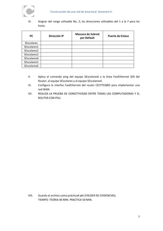 Construcción de una red de área local. Semestre V.


   IV.     Asignar del rango utilizable No. 2; las direcciones utilizables del 1 a la 7 para los
           hosts.

                                          Mascara de Subred
    PC              Dirección IP                                     Puerta de Enlace
                                             por Default
 SEscolares
SEscolares1
SEscolares2
SEscolares3
SEscolares4
SEscolares5
SEscolares6


   V.      Aplica el comando ping del equipo SEscolares6 a la línea FastEthernet 0/0 del
           Router, al equipo SEscolares y al equipo SEscolares4.
   VI.     Configura la interfaz FastEthernet del router CECYTEQRO para implementar una
           red WAN.
   VII.    REALIZA LA PRUEBA DE CONECTIVIDAD ENTRE TODAS LAS COMPUTADORAS Y EL
           ROUTER CON PDU.




   VIII.   Guarda el archivo como práctica4.pkt (FOLDER DE EVIDENCIAS).
           TIEMPO: TEORIA 40 MIN. PRACTICA 50 MIN.




                                                                                              7
 