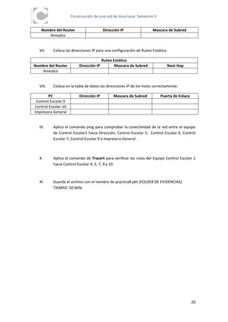 Construcción de una red de área local. Semestre V.


   Nombre del Router                     Dirección IP                Mascara de Subred
      Amealco


  VII.    Coloca las direcciones IP para una configuración de Ruteo Estático.

                                         Ruteo Estático
Nombre del Router         Dirección IP          Mascara de Subred            Next Hop
   Amealco


  VIII.   Coloca en la tabla de datos las direcciones IP de los hosts correctamente.

        PC                Dirección IP         Mascara de Subred          Puerta de Enlace
 Control Escolar 9
Control Escolar 10
Impresora General


  IX.     Aplica el comando ping para comprobar la conectividad de la red entre el equipo
          de Control Escolar1 hacia Dirección, Control Escolar 5, Control Escolar 6, Control
          Escolar 7, Control Escolar 9 e Impresora General .



  X.      Aplica el comando de Tracert para verificar las rutas del Equipo Control Escolar 1
          hacia Control Escolar 4, 5, 7, 9 y 10.



  XI.     Guarda el archivo con el nombre de practica8.pkt (FOLDER DE EVIDENCIAS)
          TIEMPO: 50 MIN.




                                                                                             20
 