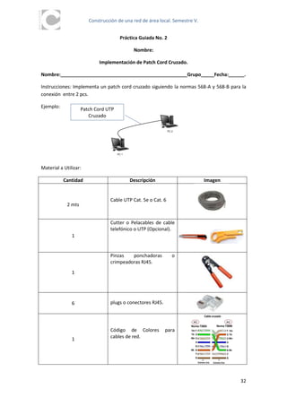Construcción de una red de área local. Semestre V.


                                       Práctica Guiada No. 2

                                              Nombre:

                            Implementación de Patch Cord Cruzado.

Nombre:________________________________________________Grupo_____Fecha:______.

Instrucciones: Implementa un patch cord cruzado siguiendo la normas 568-A y 568-B para la
conexión entre 2 pcs.

Ejemplo:             Patch Cord UTP
                        Cruzado

                                                               PC 2




                                      PC 1




Material a Utilizar:

           Cantidad                          Descripción                     Imagen


                                 Cable UTP Cat. 5e o Cat. 6
             2 mts


                                 Cutter o Pelacables de cable
                                 telefónico o UTP (Opcional).
               1


                                 Pinzas   ponchadoras             o
                                 crimpeadoras RJ45.
               1




               6                 plugs o conectores RJ45.




                                 Código de Colores          para
               1                 cables de red.




                                                                                      32
 