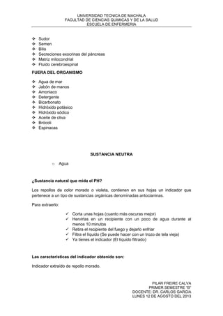 UNIVERSIDAD TECNICA DE MACHALA
FACULTAD DE CIENCIAS QUIMICAS Y DE LA SALUD
ESCUELA DE ENFERMERIA
PILAR FREIRE CALVA
PRIMER SEMESTRE “B”
DOCENTE: DR. CARLOS GARCIA
LUNES 12 DE AGOSTO DEL 2013
 Sudor
 Semen
 Bilis
 Secreciones exocrinas del páncreas
 Matriz mitocondrial
 Fluido cerebroespinal
FUERA DEL ORGANISMO
 Agua de mar
 Jabón de manos
 Amoniaco
 Detergente
 Bicarbonato
 Hidróxido potásico
 Hidróxido sódico
 Aceite de oliva
 Brócoli
 Espinacas
SUSTANCIA NEUTRA
o Agua
¿Sustancia natural que mida el PH?
Los repollos de color morado o violeta, contienen en sus hojas un indicador que
pertenece a un tipo de sustancias orgánicas denominadas antocianinas.
Para extraerlo:
 Corta unas hojas (cuanto más oscuras mejor)
 Hervirlas en un recipiente con un poco de agua durante al
menos 10 minutos
 Retira el recipiente del fuego y dejarlo enfriar
 Filtra el líquido (Se puede hacer con un trozo de tela vieja)
 Ya tienes el indicador (El líquido filtrado)
Las características del indicador obtenido son:
Indicador extraído de repollo morado.
 