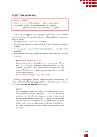 169
PUNTO DE PARTIDA
Escribí tu nombre.
Escribí el nombre de dos compañeros o personas conocidas.
Escriban los nombres de los colores que les voy diciendo:
(Amarillo, marrón, rojo, rosa, violeta, azul, gris)
Lectura: “El nabo gigante”; cuento popular ruso que los alumnos leyeron el
año anterior (o del cuento que el maestro de 1.º haya trabajado más con este
grupo de niños).
Es importante para plantear esta actividad:
● Leer el cuento nuevamente para asegurarse de que, efectivamente, todos lo
conocen.
● Procurar que haya un ejemplar al menos cada dos niños antes de iniciar la
actividad.
● Permitir su manipulación y exploración durante el desarrollo de la situación
propuesta.
Localizá en el libro la escena en que...
(Lograron arrancar el nabo; Caperucita se encuentra con el lobo
disfrazado de abuelita; la mamá cabra encuentra al lobo dur-
miendo debajo de un árbol; el lobo intenta destruir la casita de
material del chanchito; o cualquier propuesta similar de acuerdo
al título seleccionado).
Anotá el número de página en que lo encontraste.
Escritura: Proponga una instancia de escritura por sí mismo donde cada
niño podrá “escribir lo mejor que pueda” una lista relacionada con el cuen-
to elegido o alguna frase reiterada en el mismo:
Escribí...
(El nombre de todos los que colaboraron para arrancar el nabo;
qué llevaba en la canasta Caperucita a la casa de la abuela; en
qué tenían que ﬁjarse los cabritos para reconocer al lobo; en qué
lugares de la casa se escondieron los cabritos; de qué material
eran las casas que construyeron los tres chanchitos; qué decía
el lobo cada vez que se proponía destruir la casa de un chanchi-
to; cómo decía el cuento que no podían arrancar el nabo, por
ejemplo).
Prácticas del Lenguaje / Material para docentes / EP Primer Ciclo
 
