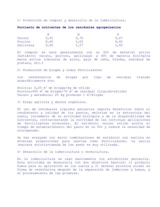 1- Producción de compost y desarrollo de la lombricultura.

Porciento de nutrientes de los residuales agropecuarios

                K               N                     P
Vacuno         0,45            0,76                  0,27
Porcino        0,46            1,02                  0,42
Gallinaza      0,90            1,57                  1,45

El compost se hace generalmente con un 60% de material activo
(estiércol vacuno, porcino, gallinaza) y 40% de materia biológica
menos activa (cáscaras de arroz, paja de caña, hierba, residuos de
plátano, etc.)

2- Producción de biogás y lodos fertilizantes

Los   rendimientos   de   biogás   por   tipo   de   residual   tratado
anaeróbicamente son:

Avícola: 0,05 m3 de biogás/kg de sólido
Porcino:450 m3 de biogás/70 m3 de residual (líquido+sólido)
Vacuno y mataderos: 25 kg producen 1 m3/biogás

3- Riego agrícola y abonos orgánicos.

El uso de residuales líquidos pecuarios reporta beneficios sobre el
rendimiento y calidad de los pastos, mejorías en la estructura del
suelo, incremento de su actividad biológica y de la disponibilidad de
nutrientes, contrarrestando la nocividad de las continuas aplicaciones
de fertilizantes minerales. El estiércol vacuno sólido acorta el
tiempo de establecimiento del pasto en un 50% y reduce la necesidad de
nitrogenado.

Se han ensayado con éxito combinaciones de estiércol con zeolita en
diversas proporciones para usarlas como fertilizantes. La yacija
(excreta avícola+camada de las aves) es muy utilizada.

4- Desarrollo de la lombricultura o vermicultura.

En la lombricultura se usan masivamente los estiércoles pecuarios.
Esta actividad se desarrolla con dos objetivos básicos: 1) producir
humus para su aplicación en los suelos y 2) obtener proteína animal en
forma de vermiharina después de la separación de lombrices y humus, y
el procesamiento de las primeras.
 
