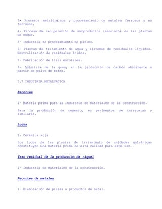 3- Procesos metalúrgicos y procesamiento de metales ferrosos y no
ferrosos.

4- Proceso de recuperación de subproductos (amoniaco) en las plantas
de coque.

5- Industria de procesamiento de pieles.

6- Plantas de tratamiento de agua y sistemas de residuales líquidos.
Neutralización de residuales ácidos.

7- Fabricación de tizas escolares.

8- Industria de la goma, en la producción de carbón absorbente a
partir de polvo de bofeo.


5.7 INDUSTRIA METALURGICA


Escorias


1- Materia prima para la industria de materiales de la construcción.

Para la producción    de    cemento,   en   pavimentos   de   carreteras   y
similares.


Lodos


1- Cerámica roja.

Los lodos de las plantas de tratamiento de unidades galvánicas
constituyen una materia prima de alta calidad para este uso.


Yeso residual de la producción de níquel


1- Industria de materiales de la construcción.


Recortes de metales


1- Elaboración de piezas o productos de metal.
 