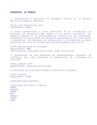 ESTRATEGIA   DE TRABAJO


1- Presentación y discusión      de   documento   técnico   en   la   Reunión
Nacional de Gestión Ambiental.

Fecha: 1era quincena de julio
Responsable: CIGEA

2- Hacer diagnósticos a nivel provincial de la introducción de
practicas de producción más limpia en el sector productivo, con
especial énfasis en el aprovechamiento económico de los residuales.
Establecer los potenciales de residuales aprovechables por cada sector
e identificar los problemas que obstaculizan la introducción de estas
prácticas, así como la factibilidad técnico-económica para ello.

Fecha: 2da quincena de noviembre
Responsables: UMAs
Participantes: Organismos priorizados (nivel provincial).

3- Elaboración   de una propuesta de aprovechamiento económico            de
residuales por   cada organismo y presentación de cronograma              de
ejecución.

Fecha: Febrero 1999
Responsables: Organismos priorizados

4- Reuniones de grupo para evaluar la marcha del programa.

Fecha: Anuales
Responsable: CIGEA

Organismos participantes:

Direcciones de Ciencia y Técnica
MINAZ
MINAGRI
MINAL
MIP
MINBAS
MINIL
SIME
 