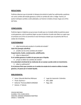 COLEGIO BRITANIA
ALUMNA: ITZEL FLORES REYES
MAESTRA: ADRIANA HERNÁNDEZ MARTÍNEZ
GRADO: 1° SEMESTRE
RESULTADO:
Pudimos observar que al prender la lámpara de alcohol el yodo fue sublimando y pudimos
ver como cambio del estado gaseoso y sufrió un cambio de color a índigo fuerte y al
quitar la lámpara cambio a color plateado y se hicieron cristales al tocar el gas con el frio
del hielo.
CONCLUSION:
Pudimos lograr el objetivo ya que ya que el yodo que es el estado sólido lo pudimos pasar
a esto gaseosos, esto lo pudimos lograr ya que al calentar el yodo este libero un vapor que
al contacto con el frio se convirtió en esos hermosos cristales que al quitarlos del frio se
oxidan de inmediato.
CUESTIONARIO
1. ¿Qué necesita para producir el cambio de estado?
Calor-frio [energía calorífica]
2. ¿Cuáles son los otros cambios de estado?
Evaporización, fusión, condensación, solidificación.
3. ¿Qué es deposición?
Es el cambio gaseoso al solido sin que pase por el líquido.
4. ¿A que se deben los cambios de estado?
A la velocidad o lentitud de las moléculas de un cuerpo cuando están en movimiento.
5. ¿Qué es sublimación?
Es el proceso físico que consiste en el cambio de estado de la materia sólida al estado
gaseoso, sin pasar por el estado líquido.
BIBLIOGRAFIA:
 Autor: Eduardo Martínez Márquez
 Titulo: Química I
 Editorial: Thomson/BACH.CENGAGE
 Edición: 1° Edición
 Lugar de impresión: Colombia
 Año: 2009
 Págs.:256
 