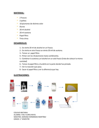 COLEGIO BRITANIA
ALUMNA: ITZEL FLORES REYES
MAESTRA: ADRIANA HERNÁNDEZ MARTÍNEZ
GRADO: 1° SEMESTRE
MATERIAL:
 2 frascos
 2 palitos
 10 plumones de distinto color
 Diurex
 20 ml alcohol
 20 ml acetona
 Papel filtro
 Tinta china
DESARROLLO:
1.- Se vierte 20 ml de alcohol en un frasco.
2.- Se vierte en otro frasco se vierte 20 mil de acetona.
3.- Tomar un papel filtro.
4.- Pintar con los 10 plumones hasta combinarlos.
5.- Combinar la acetona y el alcohol en un solo frasco [trata de colocar la misma
cantidad]
6.- Tomar el papel filtro y hundirlo en la parte donde fue pintado.
7.- Ver la reacción que pasa.
8.- Sacar el papel filtro y ver la diferencia que hay.
ILUSTRACIONES:
 