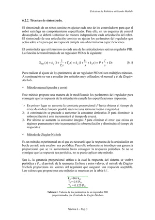 Prácticas de Robótica utilizando Matlab®
Práctica 6 .- Pág. 3
6.2.2. Técnicas de sintonizado.
El sintonizado de un robot consiste en ajustar cada uno de los controladores para que el
robot satisfaga un comportamiento especificado. Para ello, en un esquema de control
desacoplado, se deberá sintonizar de manera independiente cada articulación del robot.
El sintonizado de una articulación consiste en ajustar los parámetros del regulador que
actúa sobre ella para que su respuesta cumpla unas determinadas especificaciones.
El controlador que utilizaremos en cada una de las articulaciones será un regulador PID.
La función de transferencia de un regulador PID es la siguiente:
Ds
s
I
Psk
s
k
ksT
sT
ksG d
i
pd
i
pPID ++=++=++= )1()
1
1()( (6.1)
Para realizar el ajuste de los parámetros de un regulador PID existen múltiples métodos.
A continuación se van a estudiar dos métodos muy utilizados: el manual y el de Ziegler-
Nichols.
• Método manual (prueba y error)
Este método propone una manera de ir modificando los parámetros del regulador para
conseguir que la respuesta de la articulación cumple las especificaciones impuestas.
1- En primer lugar se aumenta la constante proporcional P hasta obtener el tiempo de
cruce deseado (el menor posible sin tener una sobreoscilación exagerada).
2- A continuación se procede a aumentar la constante derivativa D para disminuir la
sobreoscilación ( esto incrementará el tiempo de cruce).
3- Por último se aumenta la constante integral I para eliminar el error que exista en
régimen permanente (esto incrementará la sobreoscilación y disminuirá el tiempo de
respuesta).
• Método de Ziegler-Nichols
Es un método experimental en el que es necesario que la respuesta de la articulación en
bucle cerrado ante escalón sea periódica. Para ello solamente se introduce una ganancia
proporcional que se va aumentando hasta conseguir la respuesta periódica. Si no se
consigue que la respuesta sea periódica, no se puede aplicar este método.
Sea kcr la ganancia proporcional crítica a la cual la respuesta del sistema se vuelve
periódica y Pcr el período de la respuesta. En base a estos valores, el método de Ziegler-
Nichols proporciona los valores del regulador que aseguran una respuesta aceptable.
Los valores que proporciona este método se muestran en la tabla 6.1.
kp =0.6 kcr
Ti = 0.5 Pcr
Td = 0.125 Pcr
Tabla 6.1. Valores de los parámetros de un regulador PID
proporcionados por el método de Ziegler-Nichols.
 