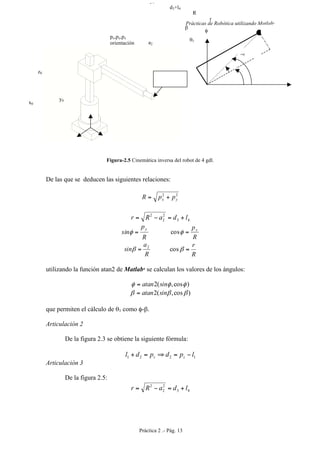 Prácticas de Robótica utilizando Matlab®
Práctica 2 .- Pág. 13
Figura-2.5 Cinemática inversa del robot de 4 gdl.
De las que se deducen las siguientes relaciones:
22
yx ppR +=
43
2
2
2
ldaRr +=−=
R
p
sin
y
=φ
R
px
=φcos
R
a
sin 2
=β
R
r
=βcos
utilizando la función atan2 de Matlab
se calculan los valores de los ángulos:
)cos,(2 φφφ sinatan=
)cos,(2 βββ sinatan=
que permiten el cálculo de θ1 como φ-β.
Articulación 2
De la figura 2.3 se obtiene la siguiente fórmula:
1221 lpdpdl zz −=⇒=+
Articulación 3
De la figura 2.5:
43
2
2
2
ldaRr +=−=
px,py,pz
orientación
y0
x0
z0
φ
x0
y0
a2
d3+l4
θ1
β
R
r
 