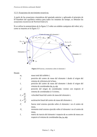 Prácticas de Robótica utilizando Matlab®
Práctica 3 .- Pág. 6
3.2.3. Ecuaciones de movimiento recursivas.
A partir de las ecuaciones cinemáticas del apartado anterior y aplicando el principio de
D’Alembert del equilibrio estático para todos los instantes de tiempo, se obtienen las
ecuaciones recursivas de Newton-Euler.[1]
Si se utiliza la nomenclatura de la figura 3.2 sobre un eslabón cualquiera del robot, tal y
como se muestra en la figura 3.3
Figura 3.3.Fuerzas y momentos sobre el elemento i
Donde:
im masa total del eslabón i,
ir posición del centro de masa del elemento i desde el origen del
sistema de referencia de la base,
is posición del centro de masa del elemento i desde el origen del
sistema de coordenadas (xi, yi, zi),
*
ip posición del origen de coordenadas i-ésimo con respecto al
sistema de coordenadas (i-1)-ésimo,
dt
rd
v i
i = velocidad lineal del centro de masa del elemento i,
dt
vd
a i
i = aceleración lineal del centro de masa del elemento i,
iF fuerza total externa ejercida sobre el elemento i en el centro de
masa,
iN momento total externo ejercido sobre el elemento i en el centro de
masa,
iI matriz de inercia del elemento i respecto de su centro de masa con
respecto al sistema de coordenadas (x0, y0, z0),
Centro de masa del elemento i
O’
is
ir
1
*
−−=+ iiii prsp
*
ip
O*
ni+1
fi+1
y0
x0
z0
ni
fi
pi-1
pi
(xi, yi, zi)(xi-1, yi-1, zi-1)
Elemento i+1
Elemento i-1
 