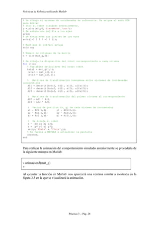 Prácticas de Robótica utilizando Matlab®
Práctica 3 .- Pág. 28
% Se dibuja el sistema de coordenadas de referencia. Se asigna el modo XOR
para borrar
% sólo el robot dibujado anteriormente.
p = plot(x0,y0,'EraseMode','xor');
% Se asigna una rejilla a los ejes
grid;
% Se establecen los límites de los ejes
axis([-3.2 3.2 -3.1 1]);
% Mantiene el gráfico actual
hold on;
% Número de columnas de la matriz
n = size(mat_q,2);
% Se dibuja la disposición del robot correspondiente a cada columna
for i=1:n
% Variables articulares del brazo robot
teta1 = mat_q(1,i);
teta2 = mat_q(2,i);
teta3 = mat_q(3,i);
% Matrices de transformación homogénea entre sistemas de coordenadas
consecutivos
A01 = denavit(teta1, d(1), a(1), alfa(1));
A12 = denavit(teta2, d(2), a(2), alfa(2));
A23 = denavit(teta3, d(3), a(3), alfa(3));
% Matrices de transformación del primer sistema al correspondiente
A02 = A01 * A12;
A03 = A02 * A23;
% Vector de posicion (x, y) de cada sistema de coordenadas
x1 = A01(1,4); y1 = A01(2,4);
x2 = A02(1,4); y2 = A02(2,4);
x3 = A03(1,4); y3 = A03(2,4);
% Se dibuja el robot
x = [x0 x1 x2 x3];
y = [y0 y1 y2 y3];
set(p,'XData',x,'YData',y);
% Se fuerza a MATLAB a actualizar la pantalla
drawnow;
end
Para realizar la animación del comportamiento simulado anteriormente se procedería de
la siguiente manera en Matlab:
» animacion3(mat_q)
»
Al ejecutar la función en Matlab
nos aparecerá una ventana similar a mostrada en la
figura 3.5 en la que se visualizará la animación.
 