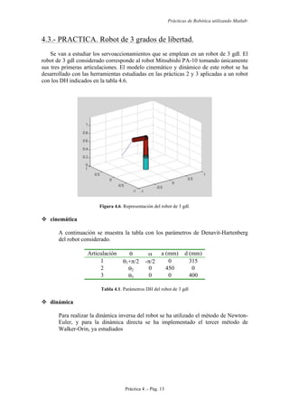 Prácticas de Robótica utilizando Matlab®
Práctica 4 .- Pág. 13
4.3.- PRACTICA. Robot de 3 grados de libertad.
Se van a estudiar los servoaccionamientos que se emplean en un robot de 3 gdl. El
robot de 3 gdl considerado corresponde al robot Mitsubishi PA-10 tomando únicamente
sus tres primeras articulaciones. El modelo cinemático y dinámico de este robot se ha
desarrollado con las herramientas estudiadas en las prácticas 2 y 3 aplicadas a un robot
con los DH indicados en la tabla 4.6.
Figura 4.6. Representación del robot de 3 gdl.
 cinemática
A continuación se muestra la tabla con los parámetros de Denavit-Hartenberg
del robot considerado.
Articulación θ α a (mm) d (mm)
1 θ1+π/2 -π/2 0 315
2 θ2 0 450 0
3 θ3 0 0 400
Tabla 4.1. Parámetros DH del robot de 3 gdl
 dinámica
Para realizar la dinámica inversa del robot se ha utilizado el método de Newton-
Euler, y para la dinámica directa se ha implementado el tercer método de
Walker-Orin, ya estudiados
 