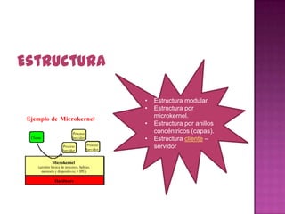 Estructura
•
•
•
•

Estructura modular.
Estructura por
microkernel.
Estructura por anillos
concéntricos (capas).
Estructura cliente –
servidor

 