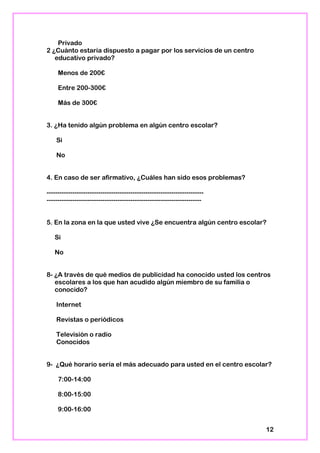 Privado
2 ¿Cuánto estaría dispuesto a pagar por los servicios de un centro
educativo privado?
Menos de 200€
Entre 200-300€
Más de 300€
3. ¿Ha tenido algún problema en algún centro escolar?
Si
No
4. En caso de ser afirmativo, ¿Cuáles han sido esos problemas?
-------------------------------------------------------------------------
------------------------------------------------------------------------
5. En la zona en la que usted vive ¿Se encuentra algún centro escolar?
Si
No
8- ¿A través de qué medios de publicidad ha conocido usted los centros
escolares a los que han acudido algún miembro de su familia o
conocido?
Internet
Revistas o periódicos
Televisión o radio
Conocidos
9- ¿Qué horario sería el más adecuado para usted en el centro escolar?
7:00-14:00
8:00-15:00
9:00-16:00
12
 