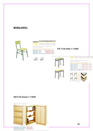 MOBILIARIO:
47€ X 35 sillas = 1.645€
55€ X 35 mesas = 1.925€
16
 