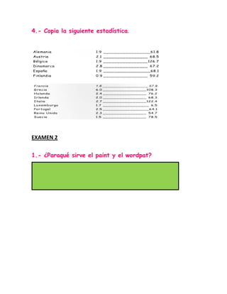4.- Copia la siguiente estadística.




EXAMEN 2


1.- ¿Paraqué sirve el paint y el wordpat?
 