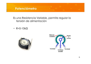 6
Potenciómetro
Es una Resistencia Variable, permite regular la
tensión de alimentación
•  R=0-10kΩ
 