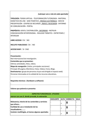 (subrayar uno o más de cada apartado)

TIPOLOGÍA: TIENDA VIRTUAL - TELEFORMACIÓN TUTORIZADA - MATERIAL
DIDÁCTICO ON LINE - WEB TEMÁTICO - PRENSA ELECTRÓNICA - WEB DE
PRESENTACIÓN - CENTRO DE RECURSOS - ÍNDICE / BUSCADOR - ENTORNO
DE COMUNICACIÓN - PORTAL

PROPÓSITO: VENTA / DISTRIBUCIÓN - INFORMAR - INSTRUIR -
COMUNICACIÓN INTERPERSONAL - REALIZAR TRÁMITES - ENTRETENER /
INTERESAR

LIBRE ACCESO: SI     NO

INCLUYE PUBLICIDAD: SI       NO

ACCESO WAP: SI       NO


Presentación:
Red internacional de investigación.
Contenidos que se presentan:
Ultimas actividades, fotos, videos.
Mapa de navegación: (índice, principales secciones)
Principal; Mi pagina; Miembros; Fotos; Videos; Foros; Blogs.
Destinatarios: (grupo de personas al que está dirigido el espacio web)
Personas interesadas en la calidad de los recursos educativos.


Requisitos técnicos: (hardware y software)
.

Valores que potencia o presenta:
.
                             ASPECTOS FUNCIONALES. UTILIDAD
marcar con una X, donde proceda, la valoración
                                                  EXCELENTE ALTA CORRECTA BAJA
Relevancia, interés de los contenidos y servicios .                       .
que ofrece...
                                                                   .     X
                                                  .                       .
Facilidad de uso e instalación de los                              .     X
visualizadores........
Carácter multilingüe, al menos algunos apartados .                        .
                                                                   .     X
 