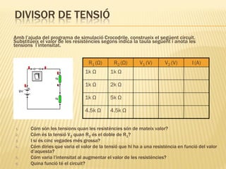 DIVISOR DE TENSIÓ
Amb l’ajuda del programa de simulació Crocodrile, construeix el següent circuit.
Substitueix el valor de les resistències segons indica la taula següent i anota les
tensions l’intensitat.


                                   R1 (Ω)      R2 (Ω)      V1 (V)      V2 (V)       I (A)
                                 1k Ω        1k Ω

                                 1k Ω        2k Ω

                                 1k Ω        5k Ω

                                 4.5k Ω      4.5k Ω


1.     Cóm són les tensions quan les resistències són de mateix valor?
2.     Cóm és la tensió V2 quan R2 és el doble de R1?
3.     I si és cinc vegades més grossa?
4.     Cóm diries que varia el valor de la tensió que hi ha a una resistència en funció del valor
       d’aquesta?
5.     Cóm varia l’intensitat al augmentar el valor de les resistències?
6.     Quina funció té el circuit?
 