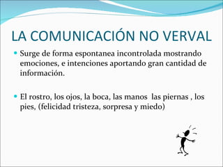 LA COMUNICACIÓN NO VERVAL Surge de forma espontanea incontrolada mostrando emociones, e intenciones aportando gran cantidad de información. El rostro, los ojos, la boca, las manos  las piernas , los pies, (felicidad tristeza, sorpresa y miedo) 