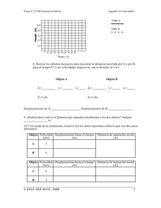 Física I. 2.2 Movimiento rectilíneo ¡Jugando con velocidades!
______________________________________________________________________
© EFIT SEP-ILCE, 2000 3
8. Realiza los cálculos necesarios para encontrar la distancia recorrida por A y por B,
para el tiempo 0.7 y las velocidades respectivas, usa la fórmula: d=v x t.
Objeto A Objeto B
dA=________ tA=_______ vA=____ dB=_________ tB=_____
_
vB=_____
dA=vAxtA dB=vBxtB
Desplazamiento de A:___________________ Desplazamiento de B:________________
9. ¿Podrías decir cuál es la distancia que separaba inicialmente a los dos objetos? Anótala.
_______________ m
10. Con ayuda de la simulación, resuelve con los datos siguientes (observa que son dos casos
diferentes):
Objeto Velocidad
(m/s)
Desplazamiento hasta el choque
(m)
Distancia de separación inicial
(m)
A 5
B 4
Objeto Velocidad
(m/s)
Desplazamiento hasta el choque
(m)
Distancia de separación inicial
(m)
A 6
B 3
.10 .20 .30 .40 .50 .60 .70 .80 .90
 