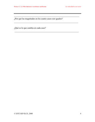 Física I. 2.2 Movimiento rectilíneo uniforme La velocidad es un vector
© EFIT SEP-ILCE, 2000 4
____________________________________________________________
¿Por qué las magnitudes en los cuatro casos son iguales?
___________________________________________________________
¿Qué es lo que cambia en cada caso?
___________________________________________________________
 