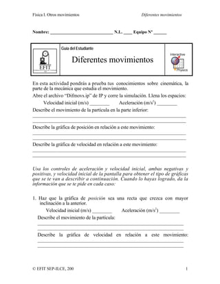 Física I. Otros movimientos Diferentes movimientos
© EFIT SEP-ILCE, 200 1
Nombre: _____________________________ N.L. ____ Equipo Nº ______
EFITEnseñanza de la Física con Tecnología
SEP
Guía del Estudiante
Diferentes movimientos
En esta actividad pondrás a prueba tus conocimientos sobre cinemática, la
parte de la mecánica que estudia el movimiento.
Abre el archivo “Difmovs.ip” de IP y corre la simulación. Llena los espacios:
Velocidad inicial (m/s) ________ Aceleración (m/s2
) ________
Describe el movimiento de la partícula en la parte inferior:
_____________________________________________________________
_____________________________________________________________
Describe la gráfica de posición en relación a este movimiento:
_____________________________________________________________
_____________________________________________________________
Describe la gráfica de velocidad en relación a este movimiento:
_____________________________________________________________
_____________________________________________________________
Usa los controles de aceleración y velocidad inicial, ambas negativas y
positivas, y velocidad inicial de la pantalla para obtener el tipo de gráficas
que se te van a describir a continuación. Cuando lo hayas logrado, da la
información que se te pide en cada caso:
1. Haz que la gráfica de posición sea una recta que crezca con mayor
inclinación a la anterior.
Velocidad inicial (m/s) ________ Aceleración (m/s2
) ________
Describe el movimiento de la partícula:
__________________________________________________________
__________________________________________________________
Describe la gráfica de velocidad en relación a este movimiento:
__________________________________________________________
__________________________________________________________
 