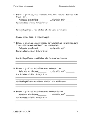 Física I. Otros movimientos Diferentes movimientos
© EFIT SEP-ILCE, 200 3
6. Haz que la gráfica de posición sea una curva parabólica que decrezca hasta
llegar a cero.
Velocidad inicial (m/s) ________ Aceleración (m/s2
) ________
Describe el movimiento de la partícula:
___________________________________________________________
___________________________________________________________
Describe la gráfica de velocidad en relación a este movimiento:
___________________________________________________________
___________________________________________________________
¿En qué tiempo llega a la posición cero? __________
7. Haz que la gráfica de posición sea una curva parabólica que crece primero
y luego decrece, con su máximo a los tres segundos.
Velocidad inicial (m/s) ________ Aceleración (m/s2
) ________
Describe el movimiento de la partícula:
___________________________________________________________
___________________________________________________________
Describe la gráfica de velocidad en relación a este movimiento:
___________________________________________________________
___________________________________________________________
8. Haz que la gráfica de velocidad sea una recta que crece.
Velocidad inicial (m/s) ________ Aceleración (m/s2
) ________
Describe el movimiento de la partícula:
___________________________________________________________
___________________________________________________________
Describe la gráfica de posición en relación a este movimiento:
___________________________________________________________
___________________________________________________________
9. Haz que la gráfica de velocidad sea una recta que decrece.
Velocidad inicial (m/s) ________ Aceleración (m/s2
) ________
Describe el movimiento de la partícula:
___________________________________________________________
___________________________________________________________
 