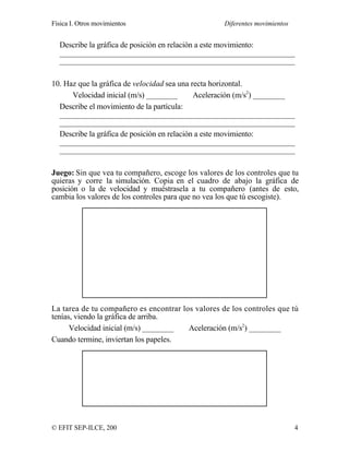 Física I. Otros movimientos Diferentes movimientos
© EFIT SEP-ILCE, 200 4
Describe la gráfica de posición en relación a este movimiento:
___________________________________________________________
___________________________________________________________
10. Haz que la gráfica de velocidad sea una recta horizontal.
Velocidad inicial (m/s) ________ Aceleración (m/s2
) ________
Describe el movimiento de la partícula:
___________________________________________________________
___________________________________________________________
Describe la gráfica de posición en relación a este movimiento:
___________________________________________________________
___________________________________________________________
Juego: Sin que vea tu compañero, escoge los valores de los controles que tu
quieras y corre la simulación. Copia en el cuadro de abajo la gráfica de
posición o la de velocidad y muéstrasela a tu compañero (antes de esto,
cambia los valores de los controles para que no vea los que tú escogiste).
La tarea de tu compañero es encontrar los valores de los controles que tú
tenías, viendo la gráfica de arriba.
Velocidad inicial (m/s) ________ Aceleración (m/s2
) ________
Cuando termine, inviertan los papeles.
 