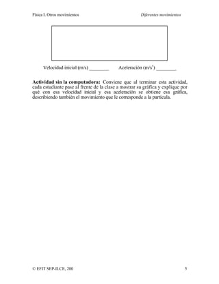 Física I. Otros movimientos Diferentes movimientos
© EFIT SEP-ILCE, 200 5
Velocidad inicial (m/s) ________ Aceleración (m/s2
) ________
Actividad sin la computadora: Conviene que al terminar esta actividad,
cada estudiante pase al frente de la clase a mostrar su gráfica y explique por
qué con esa velocidad inicial y esa aceleración se obtiene esa gráfica,
describiendo también el movimiento que le corresponde a la partícula.
 