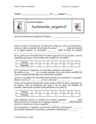 Física I. Otros movimientos Aceleración ¿negativa?
© EFIT SEP-ILCE, 2000 1
Nombre: _____________________________ N.L. ____ Equipo Nº ______
EFITEnseñanza de la Física con Tecnología
SEP
Guía del Estudiante
Aceleración ¿negativa?
¿Existen aceleraciones negativas? Explica: __________________________
_____________________________________________________________
Abre el archivo “Frenado.ip” de Interactive Physics. Corre la simulación y
contesta: ¿Qué velocidad inicial tenía el camión? ________ ¿Qué aceleración
se le aplicó durante su recorrido? ________ ¿Qué le pasó al camión?
___________________________________________________
De la gráfica de velocidad obtén los datos siguientes (si no puedes, corre la
simulación por pasos y lee los datos del medidor de velocidad):
Tiempo: 0 1 2 3 4 5
Velocidad:
En los primeros 3 segundos, la velocidad ¿aumenta o disminuye? ________
Su cambio es de ______ m/s en cada segundo. Este valor debe coincidir con
el de la aceleración marcada en el control de la pantalla.
¿Cómo es la gráfica de velocidad contra tiempo en los primeros 3 segundos?
¿Recta o no lo es? _________ ¿Crece o decrece? ____________.
Ahora, de la gráfica de posición contra tiempo obtén los datos siguientes (si
no puedes, corre la simulación por pasos y lee los datos del medidor de
posición, observando el punto correspondiente en la gráfica):
Tiempo: 0 1 2 3 4 5
Posición:
¿Qué distancia recorre el camión en el primer segundo? ________ ¿Qué
distancia recorre el camión en el segundo segundo? ________ ¿Qué distancia
recorre el camión en el tercer segundo? ________
En los primeros 3 segundos, la posición ¿aumenta o disminuye? ________.
Sus cambios (distancias recorridas), ¿aumentan o disminuyen? ________.
 