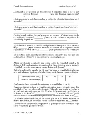 Física I. Otros movimientos Aceleración ¿negativa?
© EFIT SEP-ILCE, 2000 2
¿Es la gráfica de posición en los primeros 3 segundos, recta o no lo es?
________ ¿Crece o decrece? __________ ¿Qué tipo de curva crees que sea?
__________.
¿Qué representa la parte horizontal de la gráfica de velocidad después de los 3
segundos?_________________________________________________
_____________________________________________________________
¿Qué representa la parte horizontal de la gráfica de posición después de los 3
segundos? ___________________________________________________
_____________________________________________________________
Cambia la aceleración a -24 m/s2
y observa lo que pasa. ¿Cuánto tiempo tarda
el camión en detenerse? ________. ¿Cómo se observa esto en las gráficas de
velocidad y de posición? _______________________________
_____________________________________________________________
¿Qué distancia recorrió el camión en el primer medio segundo (de t = 0 a t =
0.5)? ________ ¿Qué distancia recorrió el camión en el segundo medio
segundo (de t = 0.5 a t = 1)? ________ ¿Por qué esta distancia se redujo?
____________________________________________________________
En la parte de atrás, describe las diferencias que veas entre este caso con una
aceleración de -24 m/s2
y el caso anterior y explica el por qué.
Ahora investigarás la relación que existe entre la velocidad inicial y la
distancia de frenado para una aceleración fija. Si un coche se mueve a mayor
velocidad, ¿necesita una mayor o menor distancia de frenado? ________
Dale a la aceleración un valor de -10 m/s2
. Variando la velocidad inicial como
te lo indica la tabla siguiente, obtén las distancias de frenado correspondientes:
Velocidad inicial (m/s): 10 20 30 40
Distancia de frenado (m):
Grafica estos datos poniendo los valores de la velocidad en el eje X.
Queremos descubrir ahora la relación matemática que existe entre estas dos
cantidades. Para esto, observa lo siguiente. Si la velocidad inicial se duplica o
se cuadruplica (por ejemplo, de 10 a 20 m/s o de 20 a 40 m/s), ¿qué le pasa a
la distancia de frenado? ___________________ De acuerdo con esto, ¿cuál
sería la distancia de frenado correspondiente a una velocidad de 60 m/s? ____
Lo anterior quiere decir que, si un coche que va a 60 km/hr necesita 25
metros para frenar, un coche que vaya a 120 km/hr necesitará de ___ metros.
Discute con tus compañeros y tu profesor lo que significa esto cuando se viaja
a alta velocidad y quiere uno frenar.
 