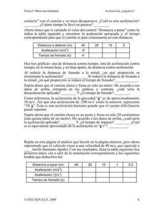 Física I. Otros movimientos Aceleración ¿negativa?
© EFIT SEP-ILCE, 2000 4
contacto” con el camión y su trazo desaparece). ¿Cuál es esta aceleración?
________ ¿Cuánto tiempo le llevó en pararse? ________.
Ahora tienes que ir variando el valor del control “Distancia a parar” como lo
indica la tabla siguiente y encontrar la aceleración apropiada y el tiempo
correspondiente para que el camión se pare exactamente en esta distancia:
Distancia a detener (m): 40 20 10 5
Aceleración (m/s
2
): -5
Tiempo de frenado (s): 4
Haz tres gráficas: una de distancia contra tiempo, otra de aceleración contra
tiempo, en la misma hoja, y en hoja aparte, de distancia contra aceleración.
Al reducir la distancia de frenado a la mitad, ¿en qué proporción se
incrementa la aceleración? ____________ Al reducir la distancia de frenado a
la mitad, ¿en qué proporción se reduce el tiempo de frenado? ____________.
Supón ahora que el camión choca y frena en solo un metro. De acuerdo a tus
datos de arriba, extrapola en tus gráficas y contesta: ¿cuál sería la
desaceleración aplicada? ________ Y ¿el tiempo de frenado? ________.
Como referencia, la aceleración de la gravedad “g” es de aproximadamente
10 m/s2
. Así que una aceleración de -200 m/s2
como la anterior, representa
“20 g”. Esta es una aceleración bastante grande que el cuerpo difícilmente
puede soportar.
Supón ahora que el camión choca en un poste y frena en sólo 20 centímetros
(una quinta parte de un metro). De acuerdo a tus datos de arriba, ¿cuál sería
la aceleración aplicada? ________ Y ¿el tiempo de impacto? ________ ¿Cual
es el equivalente aproximado de la aceleración en “g’s”? __________.
Repite en esta página el análisis que hiciste en la página anterior, pero ahora
suponiendo que el vehículo viene a una velocidad de 40 m/s, que equivale a
____ km/hr (bastante rápido). Con tus resultados, llena la tabla siguiente (los
primeros datos van a salir de la simulación correspondiente y los siguientes
tendrás que deducirlos tú):
Distancia a parar (m): 40 20 10 1 0.2
Aceleración (m/s
2
):
Aceleración (“g’s”):
Tiempo de frenado (s):
 