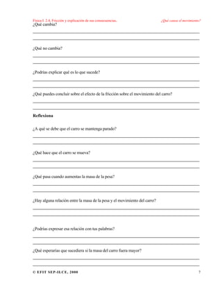 Física I. 2.4, Fricción y explicación de sus consecuencias. ¿Qué causa el movimiento?
© EFIT SEP-ILCE, 2000 7
¿Qué cambia?
___________________________________________________
___________________________________________________
¿Qué no cambia?
___________________________________________________
___________________________________________________
¿Podrías explicar qué es lo que sucede?
___________________________________________________
___________________________________________________
¿Qué puedes concluir sobre el efecto de la fricción sobre el movimiento del carro?
___________________________________________________
___________________________________________________
Reflexiona
¿A qué se debe que el carro se mantenga parado?
___________________________________________________
___________________________________________________
¿Qué hace que el carro se mueva?
___________________________________________________
___________________________________________________
¿Qué pasa cuando aumentas la masa de la pesa?
___________________________________________________
___________________________________________________
¿Hay alguna relación entre la masa de la pesa y el movimiento del carro?
___________________________________________________
___________________________________________________
¿Podrías expresar esa relación con tus palabras?
___________________________________________________
___________________________________________________
¿Qué esperarías que sucediera si la masa del carro fuera mayor?
___________________________________________________
___________________________________________________
 
