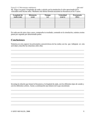 Física II. 4.2 Movimiento ondulatorio ¡Qué onda!
© EFIT SEP-ILCE, 2000 6
12. Elige a tu gusto 5 longitudes de onda y calcula con la simulación el valor aproximado de la
velocidad como hiciste antes. Mediante esta última fórmula encuentra la frecuencia en los 5 casos:
Longitud de
onda (cm)
Distancia
(cm)
Tiempo
(s)
Velocidad
(cm/s)
Frecuencia
(Hz)
En cada uno de estos cinco casos, comprueba tu resultado, contando en la simulación, cuántas crestas
pasan por segundo por determinado punto.
Conclusiones
Sintetiza en este espacio las principales características de las ondas con las que trabajaste en esta
actividad y describe las relaciones entre ellas:
________________________________________________________________________________
________________________________________________________________________________
________________________________________________________________________________
________________________________________________________________________________
________________________________________________________________________________
________________________________________________________________________________
________________________________________________________________________________
________________________________________________________________________________
________________________________________________________________________________
Investiga la relación que tienen la frecuencia y la longitud de onda, con los diferentes tipos de sonido y
con los diferentes colores. Anota a continuación una síntesis de lo que encontraste:
________________________________________________________________________________
________________________________________________________________________________
________________________________________________________________________________
________________________________________________________________________________
________________________________________________________________________________
 