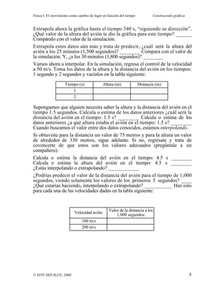 Física I. El movimiento como cambio de lugar en función del tiempo Construyendo gráficas
© EFIT SEP-ILCE, 2000 4
Extrapola ahora la gráfica hasta el tiempo 340 s, “siguiendo su dirección”.
¿Qué valor de la altura del avión te dio la gráfica para este tiempo? ______
Compáralo con el valor de la simulación.
Extrapola estos datos aún más y trata de predecir, ¿cuál será la altura del
avión a los 25 minutos (1,500 segundos)? ________ Compara con el valor de
la simulación. Y, ¿a los 30 minutos (1,800 segundos)? ________
Vamos ahora a interpolar. En la simulación, regresa el control de la velocidad
a 50 m/s. Toma los datos de la altura y la distancia del avión en los tiempos:
1 segundo y 2 segundos y vacíalos en la tabla siguiente:
Tiempo (s): Altura (m): Distancia (m):
1
2
Supongamos que alguien necesita saber la altura y la distancia del avión en el
tiempo 1.5 segundos. Calcula o estima de los datos anteriores ¿cuál será la
distancia del avión en el tiempo: 1.5 s? ________ Calcula o estima de los
datos anteriores ¿a qué altura estaba el avión en el tiempo: 1.5 s? ________
Cuando buscamos el valor entre dos datos conocidos, estamos interpolando.
Si obtuviste para la distancia un valor de 75 metros y para la altura un valor
de alrededor de 330 metros, sigue adelante. Si no, regrésate y trata de
covencerte de que estos son los valores adecuados (pregúntale a un
compañero).
Calcula o estima la distancia del avión en el tiempo: 4.5 s ________
Calcula o estima la altura del avión en el tiempo: 4.5 s ________
¿Estás interpolando o extrapolando? ____________
¿Podrías predecir el valor de la distancia del avión para el tiempo de 1,000
segundos, viendo solamente los valores de los primeros 5 segundos? ____
¿Qué estarías haciendo, interpolando o extrapolando? ___________ Haz esto
para cada una de las velocidades dadas en la tabla siguiente:
Velocidad avión:
Valor de la distancia a los
1,000 segundos:
100 m/s
200 m/s
 