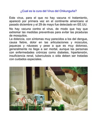¿Cual es la cura del Virus del Chikunguña? 
Este virus, para el que no hay vacuna ni tratamiento, 
apareció por primera vez en el continente americano el 
pasado diciembre y el 29 de mayo fue detectado en EE.UU. 
No hay vacuna contra el virus, de modo que hay que 
extremar las medidas preventivas para evitar las picaduras 
de mosquitos. 
La dolencia, con síntomas muy parecidos a los del dengue, 
causa fiebre, dolor en las articulaciones y músculos, 
jaquecas y náuseas y pese a que es muy doloroso, 
generalmente no llega a ser mortal, aunque las personas 
con enfermedades crónicas como diabetes, hipertensión, 
insuficiencia renal, tuberculosis o sida deben ser tratadas 
con cuidados especiales. 
 
