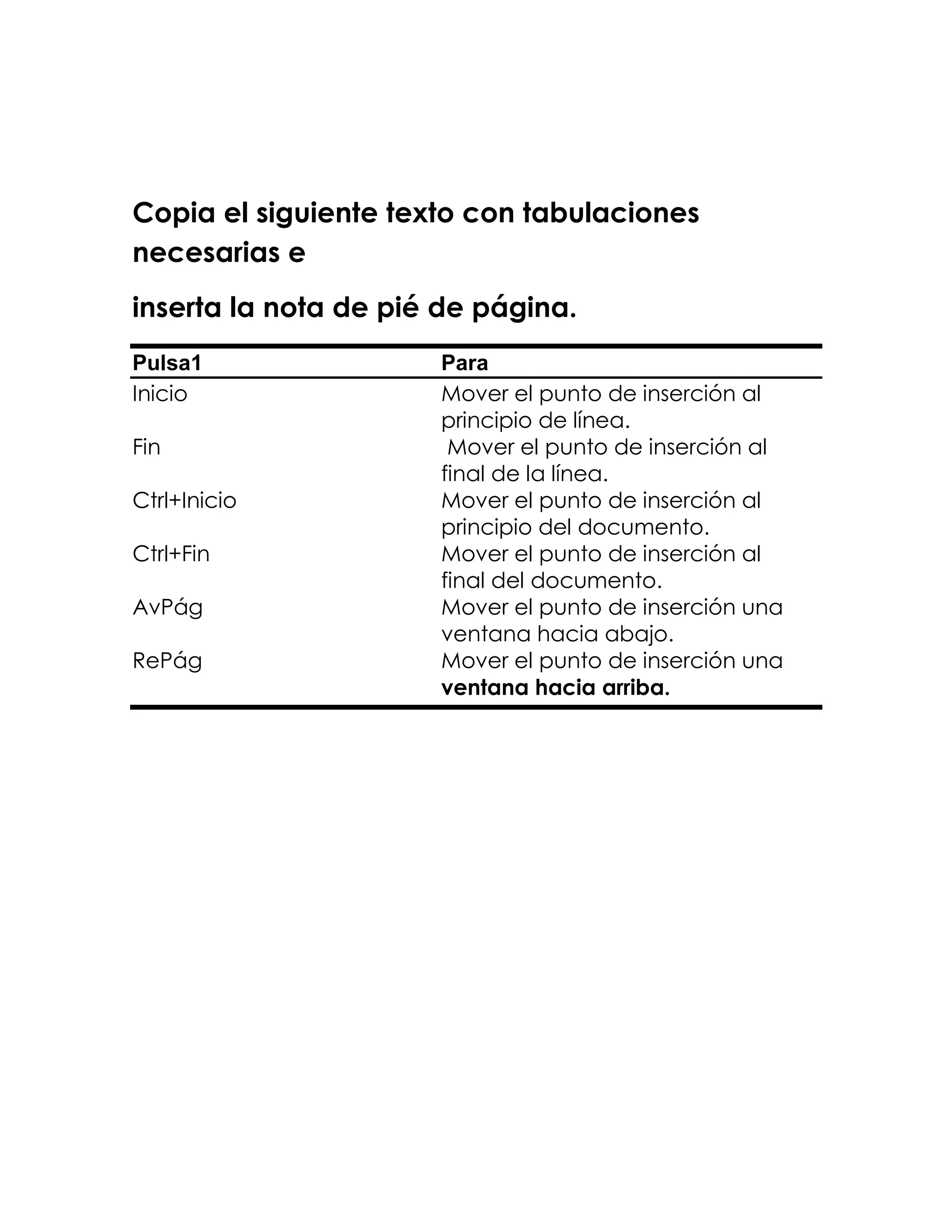 Copia el siguiente texto con tabulaciones
necesarias e
inserta la nota de pié de página.
Pulsa1                Para
Inicio                Mover el punto de inserción al
                      principio de línea.
Fin                    Mover el punto de inserción al
                      final de la línea.
Ctrl+Inicio           Mover el punto de inserción al
                      principio del documento.
Ctrl+Fin              Mover el punto de inserción al
                      final del documento.
AvPág                 Mover el punto de inserción una
                      ventana hacia abajo.
RePág                 Mover el punto de inserción una
                      ventana hacia arriba.
 