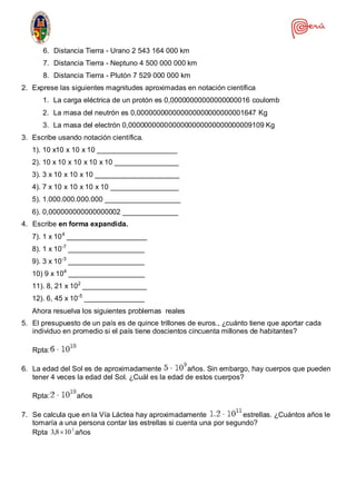 6. Distancia Tierra - Urano 2 543 164 000 km
7. Distancia Tierra - Neptuno 4 500 000 000 km
8. Distancia Tierra - Plutón 7 529 000 000 km
2. Exprese las siguientes magnitudes aproximadas en notación científica
1. La carga eléctrica de un protón es 0,00000000000000000016 coulomb
2. La masa del neutrón es 0,000000000000000000000000001647 Kg
3. La masa del electrón 0,0000000000000000000000000000009109 Kg
3. Escribe usando notación científica.
1). 10 x10 x 10 x 10 ____________________
2). 10 x 10 x 10 x 10 x 10 ________________
3). 3 x 10 x 10 x 10 _____________________
4). 7 x 10 x 10 x 10 x 10 _________________
5). 1.000.000.000.000 ___________________
6). 0,000000000000000002 ______________
4. Escribe en forma expandida.
7). 1 x 104
____________________
8). 1 x 10-7
___________________
9). 3 x 10-3
___________________
10) 9 x 104
___________________
11). 8, 21 x 102
________________
12). 6, 45 x 10-5
_______________
Ahora resuelva los siguientes problemas reales
5. El presupuesto de un país es de quince trillones de euros., ¿cuánto tiene que aportar cada
individuo en promedio si el país tiene doscientos cincuenta millones de habitantes?
Rpta:
6. La edad del Sol es de aproximadamente años. Sin embargo, hay cuerpos que pueden
tener 4 veces la edad del Sol. ¿Cuál es la edad de estos cuerpos?
Rpta: años
7. Se calcula que en la Vía Láctea hay aproximadamente estrellas. ¿Cuántos años le
tomaría a una persona contar las estrellas si cuenta una por segundo?
Rpta
3
108,3  años
 